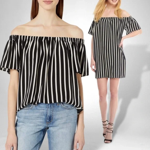 French Connection Vertical Stripe Off the Shoulder Tunic Top and/or Mini Dress - Picture 1 of 8